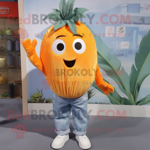 Orange Mango mascot costume character dressed with a Chambray Shirt and Hair clips