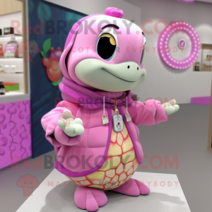 Pink Turtle mascot costume character dressed with a Cardigan and Necklaces