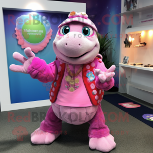 Pink Turtle mascot costume character dressed with a Cardigan and Necklaces
