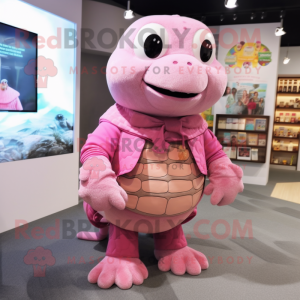 Pink Turtle mascot costume character dressed with a Cardigan and Necklaces