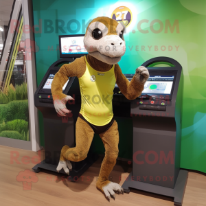 Olive Komodo Dragon mascot costume character dressed with a Running Shorts and Digital watches