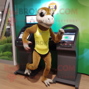Olive Komodo Dragon mascot costume character dressed with a Running Shorts and Digital watches