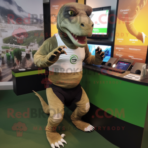 Olive Komodo Dragon mascot costume character dressed with a Running Shorts and Digital watches