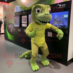 Olive Komodo Dragon mascot costume character dressed with a Running Shorts and Digital watches