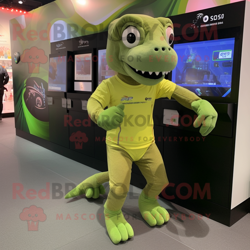 Olive Komodo Dragon mascot costume character dressed with a Running Shorts and Digital watches Olive Komodo Dragon mascot costume character dressed with a Running Shorts and Digital watches