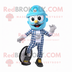 Sky Blue Unicyclist mascot costume character dressed with a Flannel Shirt and Lapel pins