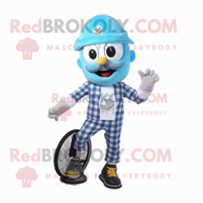 Sky Blue Unicyclist mascot costume character dressed with a Flannel Shirt and Lapel pins