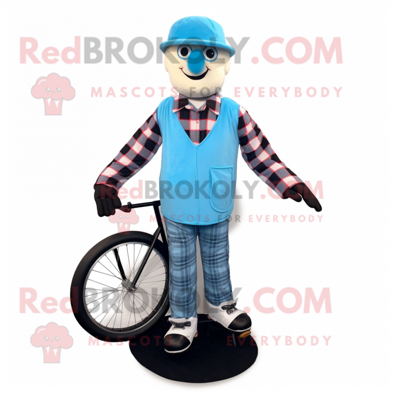 Sky Blue Unicyclist mascot costume character dressed with a Flannel Shirt and Lapel pins