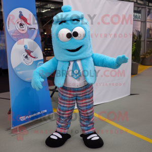 Sky Blue Unicyclist mascot costume character dressed with a Flannel Shirt and Lapel pins