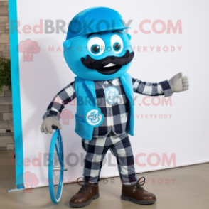 Sky Blue Unicyclist mascot costume character dressed with a Flannel Shirt and Lapel pins