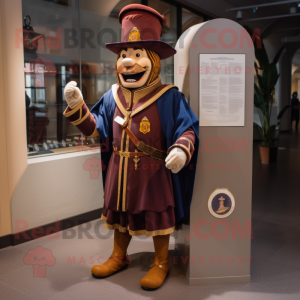Brown Swiss Guard mascot costume character dressed with a Jacket and Lapel pins