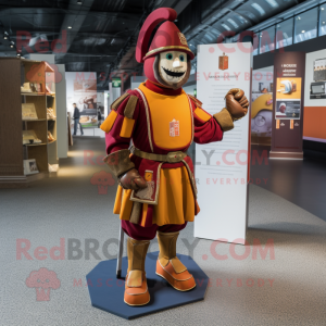 Brown Swiss Guard mascot costume character dressed with a Jacket and Lapel pins