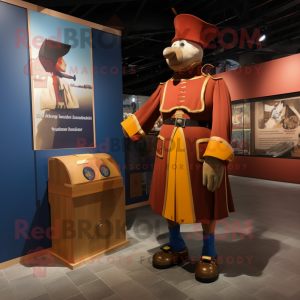 Brown Swiss Guard mascot costume character dressed with a Jacket and Lapel pins