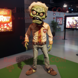 Tan Zombie mascot costume character dressed with a Flare Jeans and Lapel pins