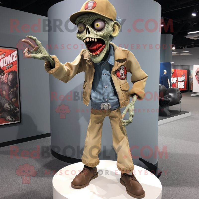 Tan Zombie mascot costume character dressed with a Flare Jeans and Lapel pins