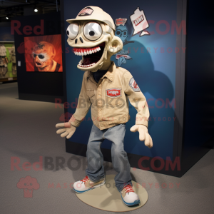 Tan Zombie mascot costume character dressed with a Flare Jeans and Lapel pins
