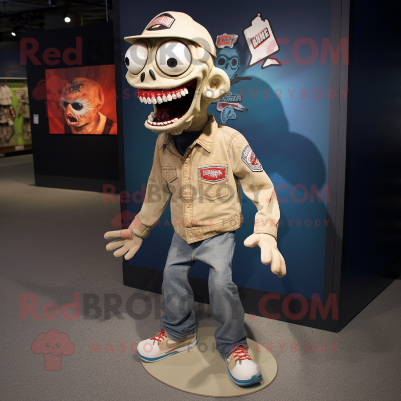 Tan Zombie mascot costume character dressed with a Flare Jeans and Lapel pins