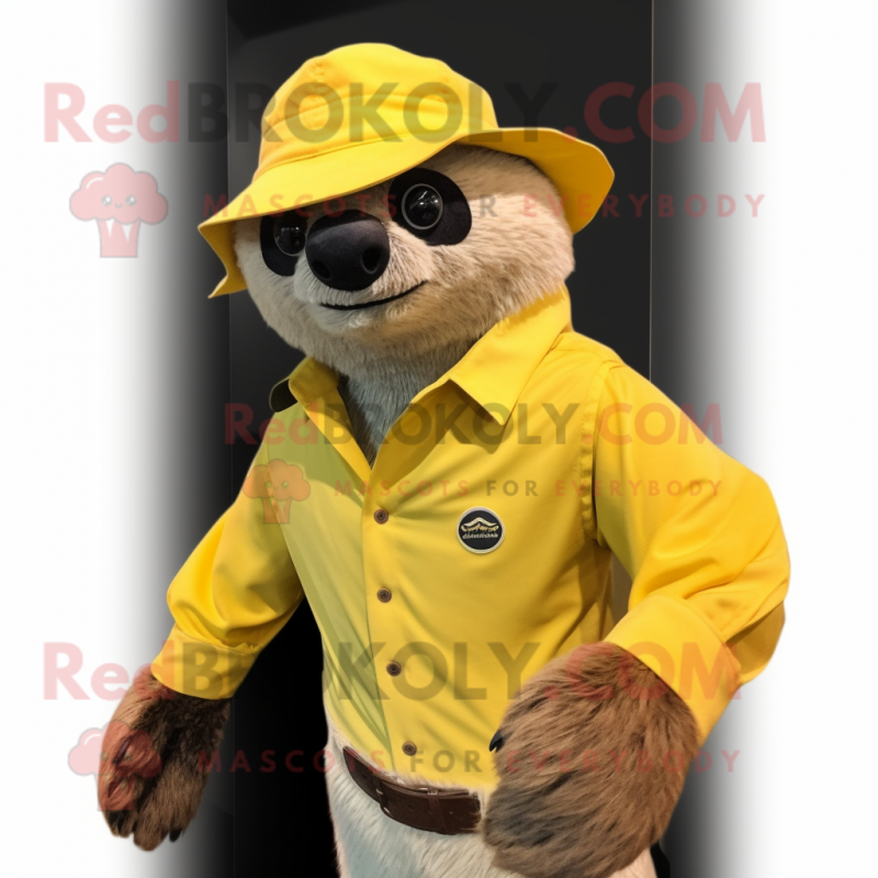 Lemon Yellow Sloth Bear mascot costume character dressed with a Trousers and Hat pins