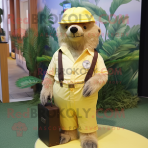Lemon Yellow Sloth Bear mascot costume character dressed with a Trousers and Hat pins