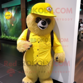 Lemon Yellow Sloth Bear mascot costume character dressed with a Trousers and Hat pins