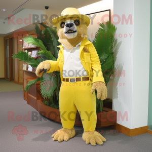 Lemon Yellow Sloth Bear mascot costume character dressed with a Trousers and Hat pins