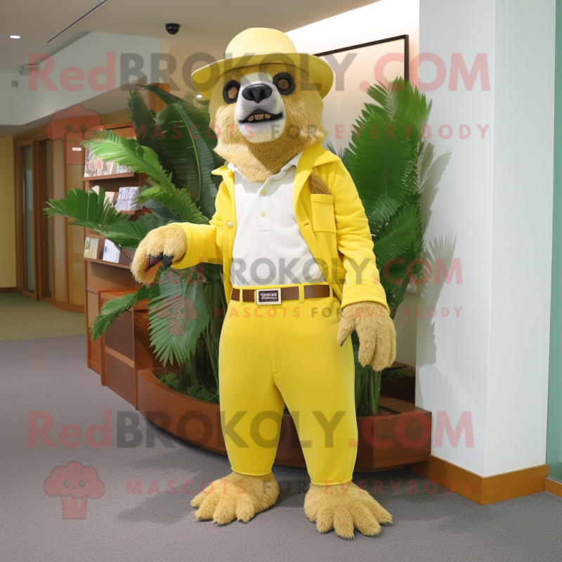 Lemon Yellow Sloth Bear mascot costume character dressed with a Trousers and Hat pins Lemon Yellow Sloth Bear mascot costume character dressed with a Trousers and Hat pins