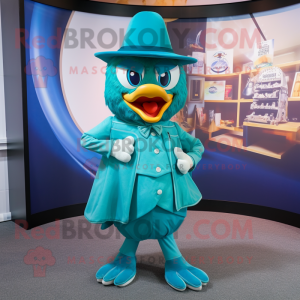 Teal Momentum mascot costume character dressed with a A-Line Skirt and Lapel pins