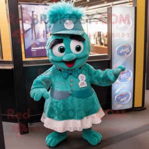 Teal Momentum mascot costume character dressed with a A-Line Skirt and Lapel pins