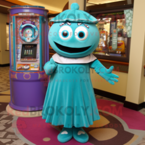 Teal Gumball Machine mascot costume character dressed with a Empire Waist Dress and Shawls