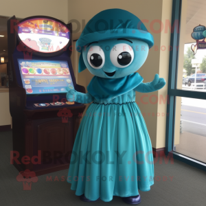 Teal Gumball Machine mascot costume character dressed with a Empire Waist Dress and Shawls
