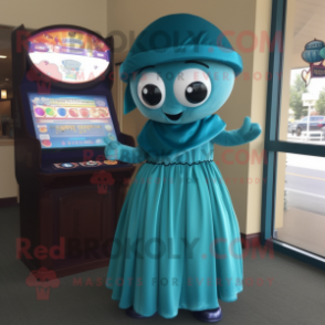 Teal Gumball Machine mascot costume character dressed with a Empire Waist Dress and Shawls