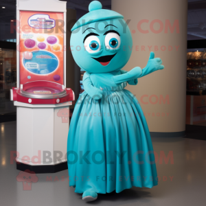 Teal Gumball Machine mascot costume character dressed with a Empire Waist Dress and Shawls