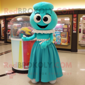 Teal Gumball Machine mascot costume character dressed with a Empire Waist Dress and Shawls