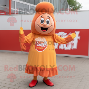 Peach Currywurst mascot costume character dressed with a Dress and Beanies