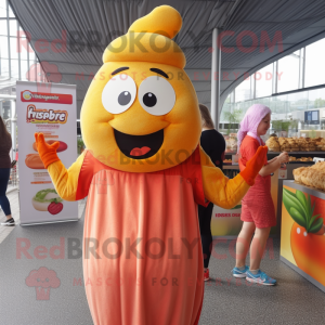 Peach Currywurst mascot costume character dressed with a Dress and Beanies