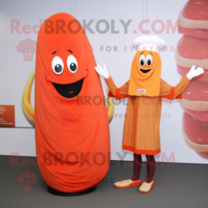 Peach Currywurst mascot costume character dressed with a Dress and Beanies