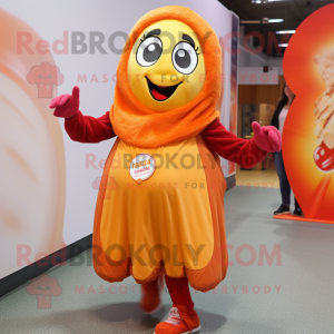 Peach Currywurst mascot costume character dressed with a Dress and Beanies