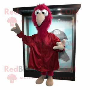 Maroon Ostrich mascot costume character dressed with a Windbreaker and Gloves