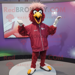 Maroon Ostrich mascot costume character dressed with a Windbreaker and Gloves