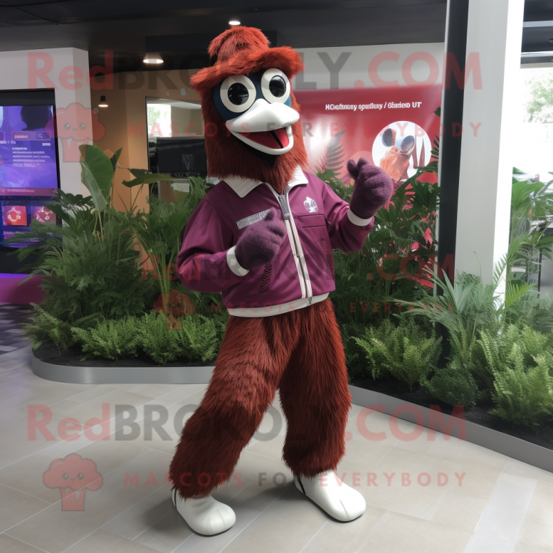 Maroon Ostrich mascot costume character dressed with a Windbreaker and Gloves