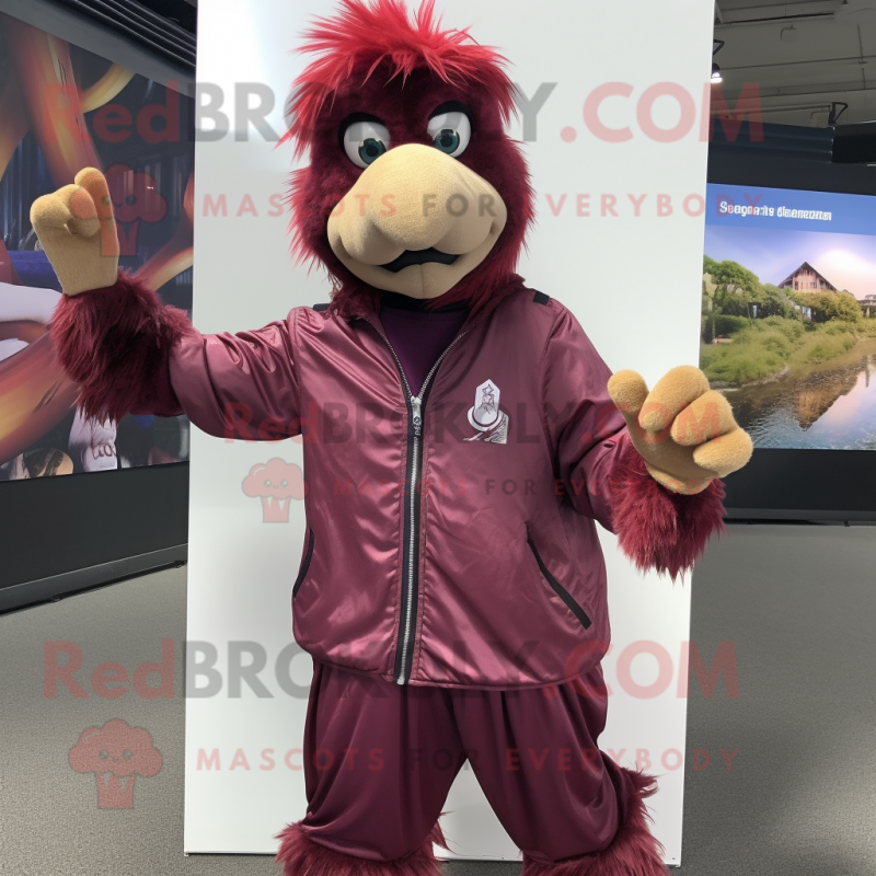 Maroon Ostrich mascot costume character dressed with a Windbreaker and Gloves Maroon Ostrich mascot costume character dressed with a Windbreaker and Gloves