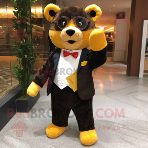 Gold Spectacled Bear mascot costume character dressed with a Polo Shirt and Bow ties