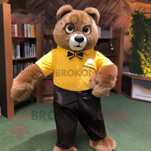 Gold Spectacled Bear mascot costume character dressed with a Polo Shirt and Bow ties