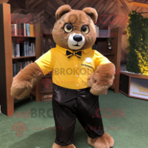 Gold Spectacled Bear mascot costume character dressed with a Polo Shirt and Bow ties
