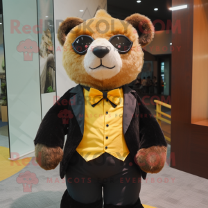 Gold Spectacled Bear mascot costume character dressed with a Polo Shirt and Bow ties