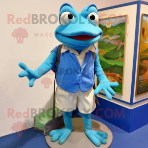 Blue Frog mascot costume character dressed with a Bermuda Shorts and Clutch bags