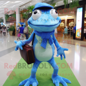 Blue Frog mascot costume character dressed with a Bermuda Shorts and Clutch bags