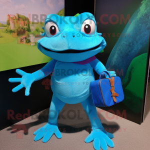 Blue Frog mascot costume character dressed with a Bermuda Shorts and Clutch bags