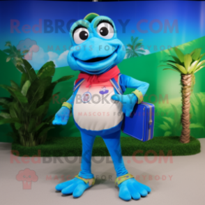 Blue Frog mascot costume character dressed with a Bermuda Shorts and Clutch bags