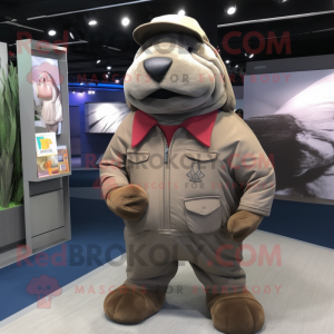 Gray Walrus mascot costume character dressed with a Windbreaker and Suspenders